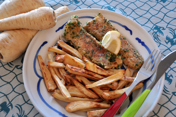 Frites de panais et poisson pané