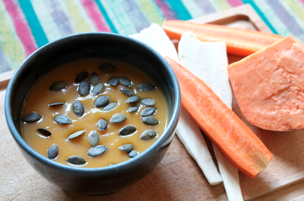 Soupe carotte-panais-patate douce-courge