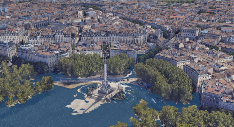 La ville de Bordeaux est menacée par la montée de eaux. Simulation en cas de hausse de températures de 3°C.