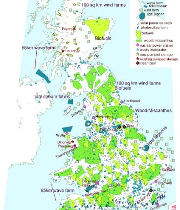 Carte prospective du Royaume-Uni en 2050 avec des énergies entièrement renouvelables. ©David Mackay