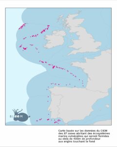 Les zones concernées par l'interdiction de la pêche en-dessous de 400 mètres © Bloom 