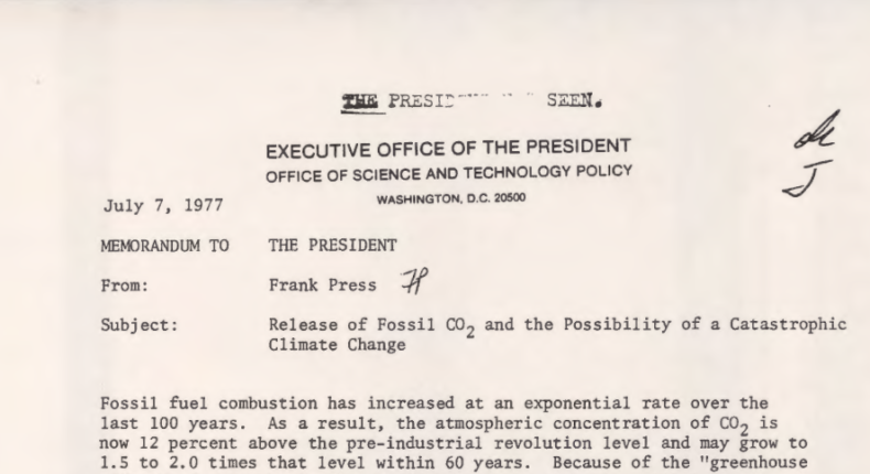 Dès 1977, le président américain Jimmy Carter était alerté sur la crise climatique à venir © Guardian Media Group / document déclassifié