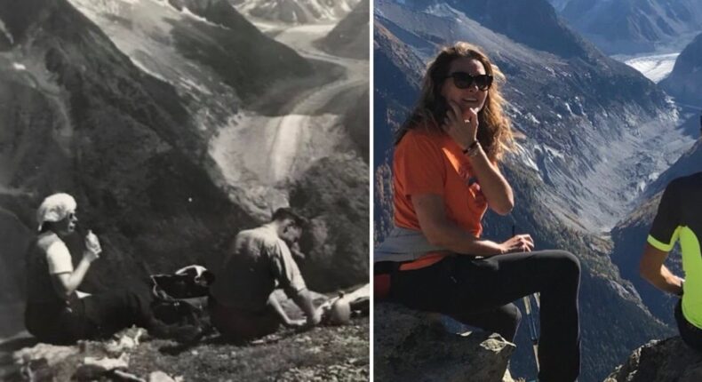 Au Lac blanc, en face de la mer de glace, à Chamonix – à gauche les grands-parents de Valérie Paumier en juillet 1936, à droite Valérie Paumier en juillet 2017 © DR