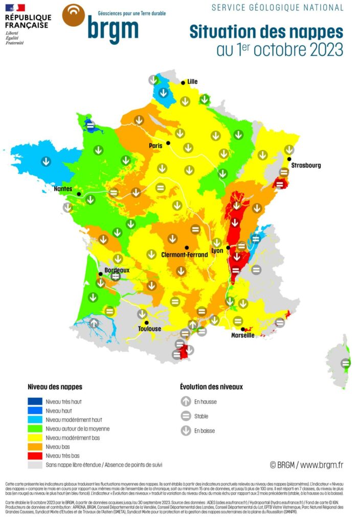 Carte de France hexagonale de la situation des nappes d'eau souterraines au 1er octobre 2023 © BRGM
